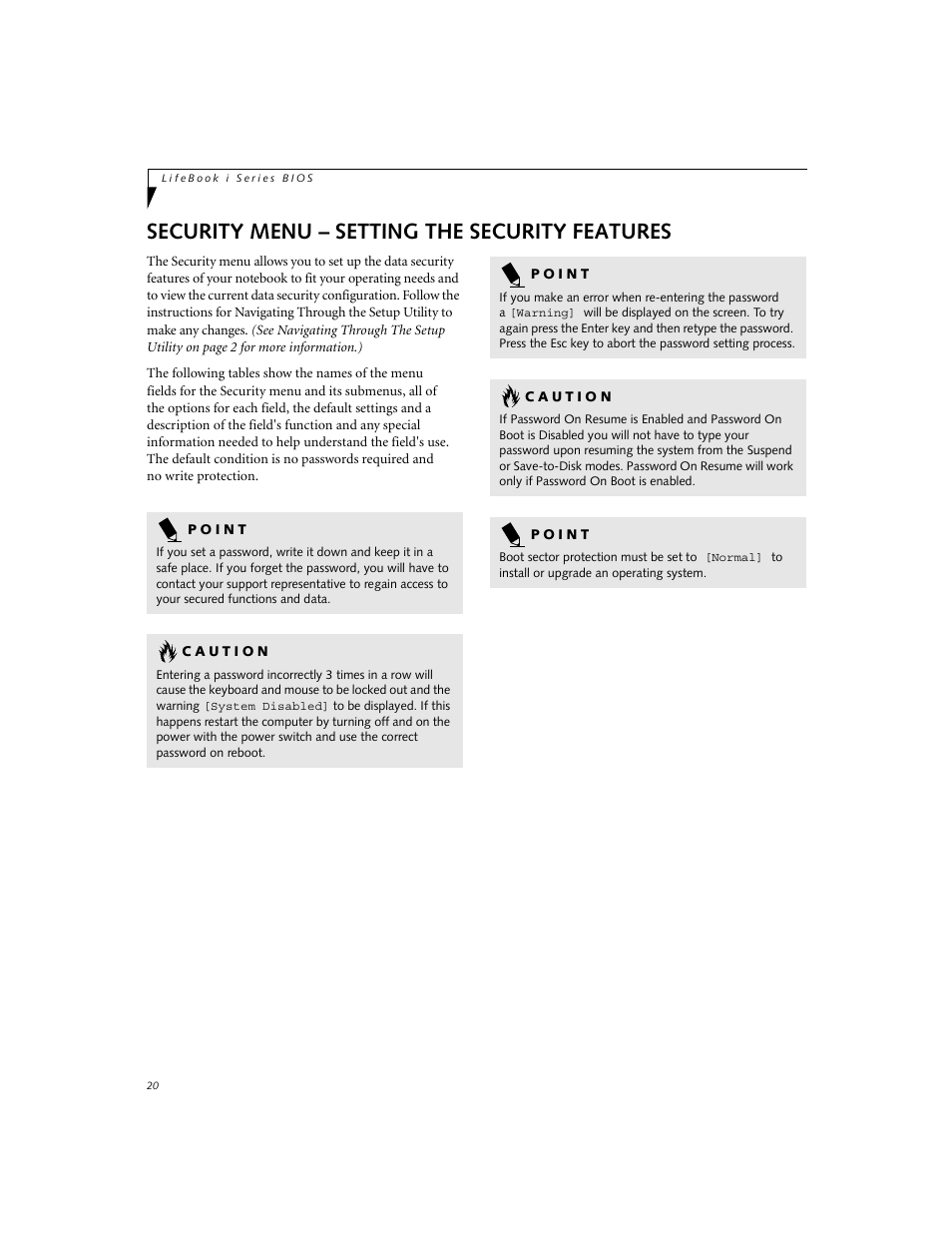 Security menu – setting the security features | Fujitsu Siemens Computers LifeBook i Series User Manual | Page 20 / 36