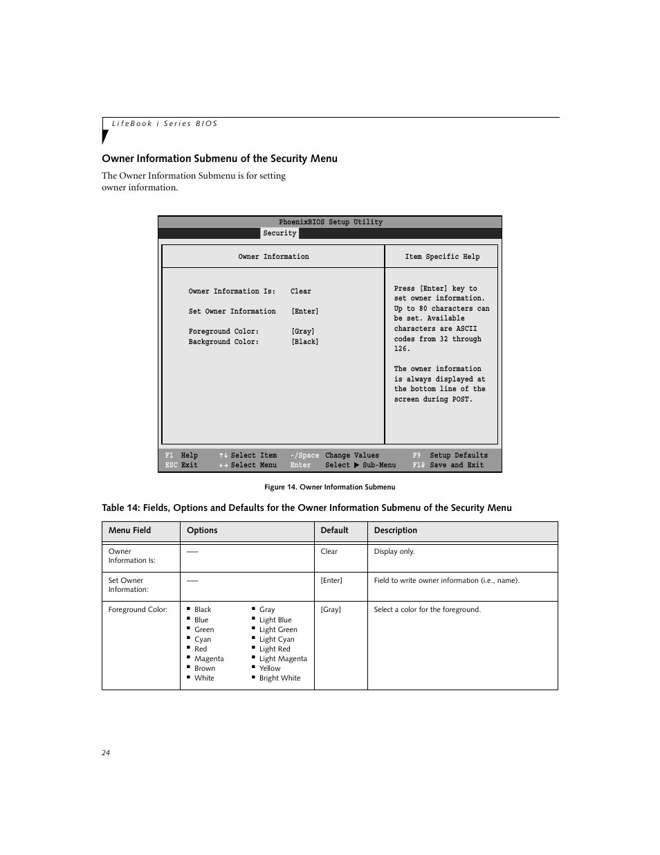 Owner information submenu of the security menu | Fujitsu Siemens Computers LifeBook i Series User Manual | Page 24 / 36