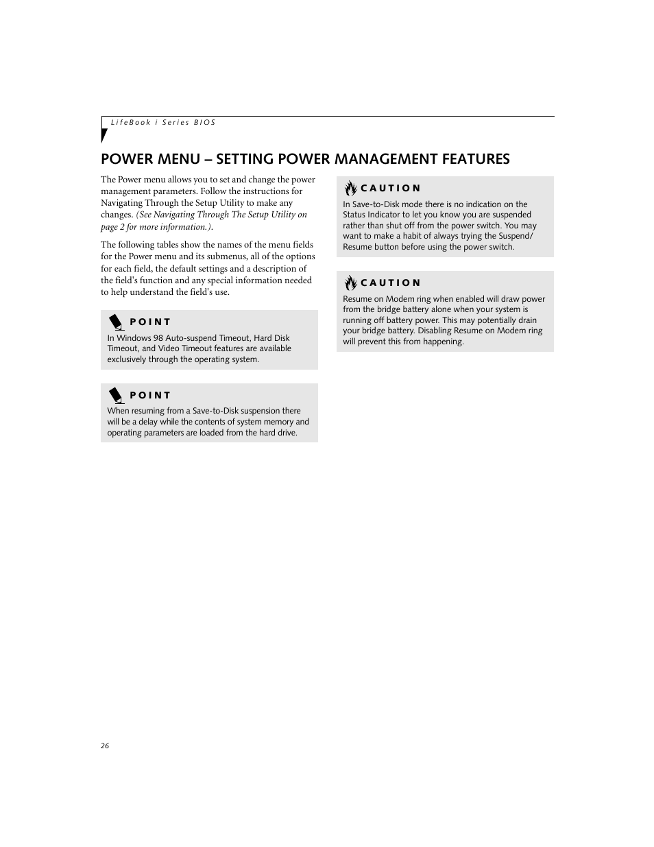 Power menu – setting power management features | Fujitsu Siemens Computers LifeBook i Series User Manual | Page 26 / 36