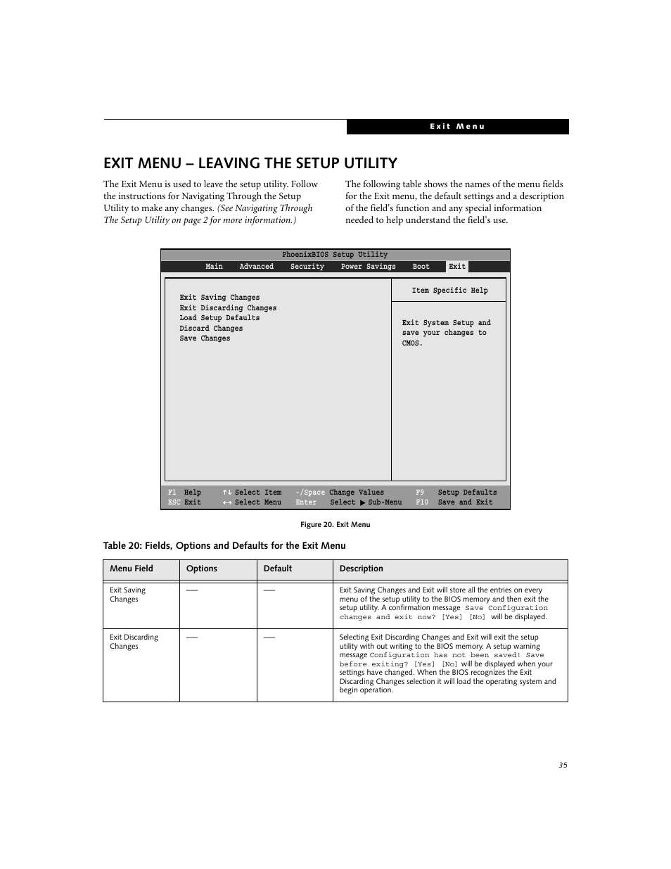 Exit menu – leaving the setup utility | Fujitsu Siemens Computers LifeBook i Series User Manual | Page 35 / 36