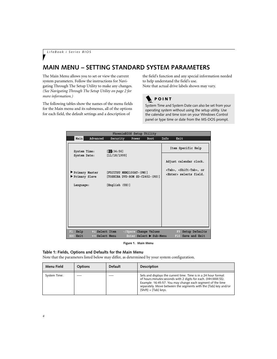 Main menu – setting standard system parameters | Fujitsu Siemens Computers LifeBook i Series User Manual | Page 4 / 36