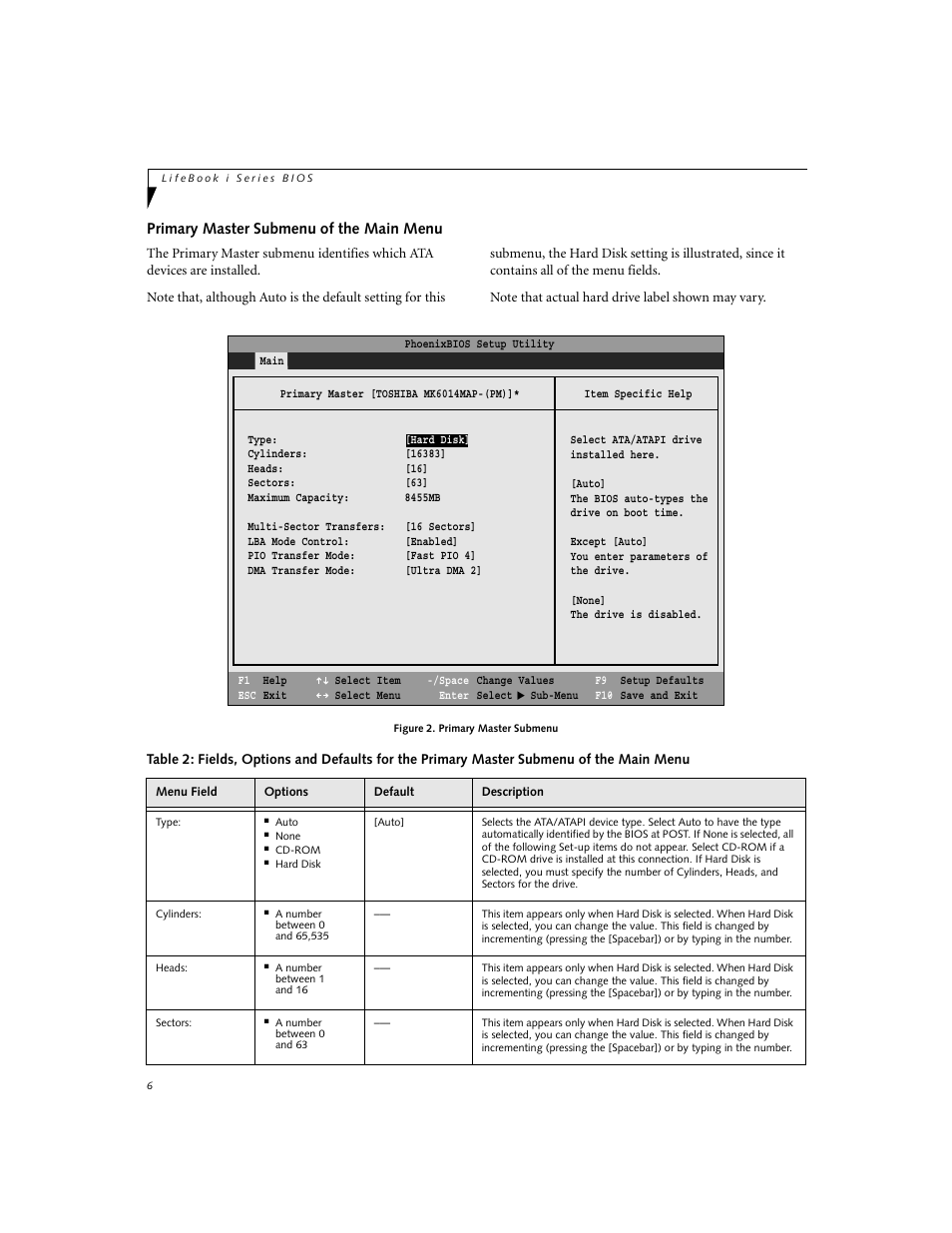 Primary master submenu of the main menu | Fujitsu Siemens Computers LifeBook i Series User Manual | Page 6 / 36