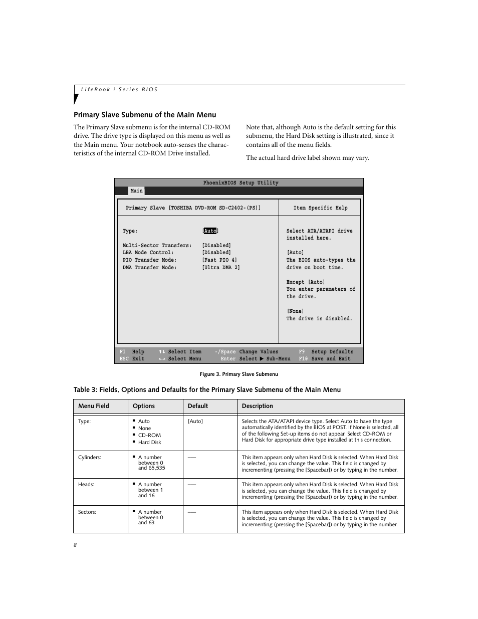 Primary slave submenu of the main menu | Fujitsu Siemens Computers LifeBook i Series User Manual | Page 8 / 36