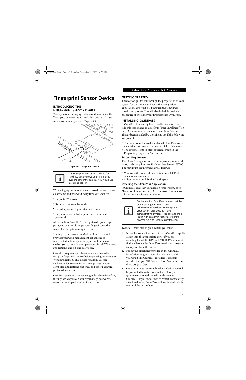 Fingerprint sensor device | Fujitsu Siemens Computers LifeBook A3120 User Manual | Page 107 / 120