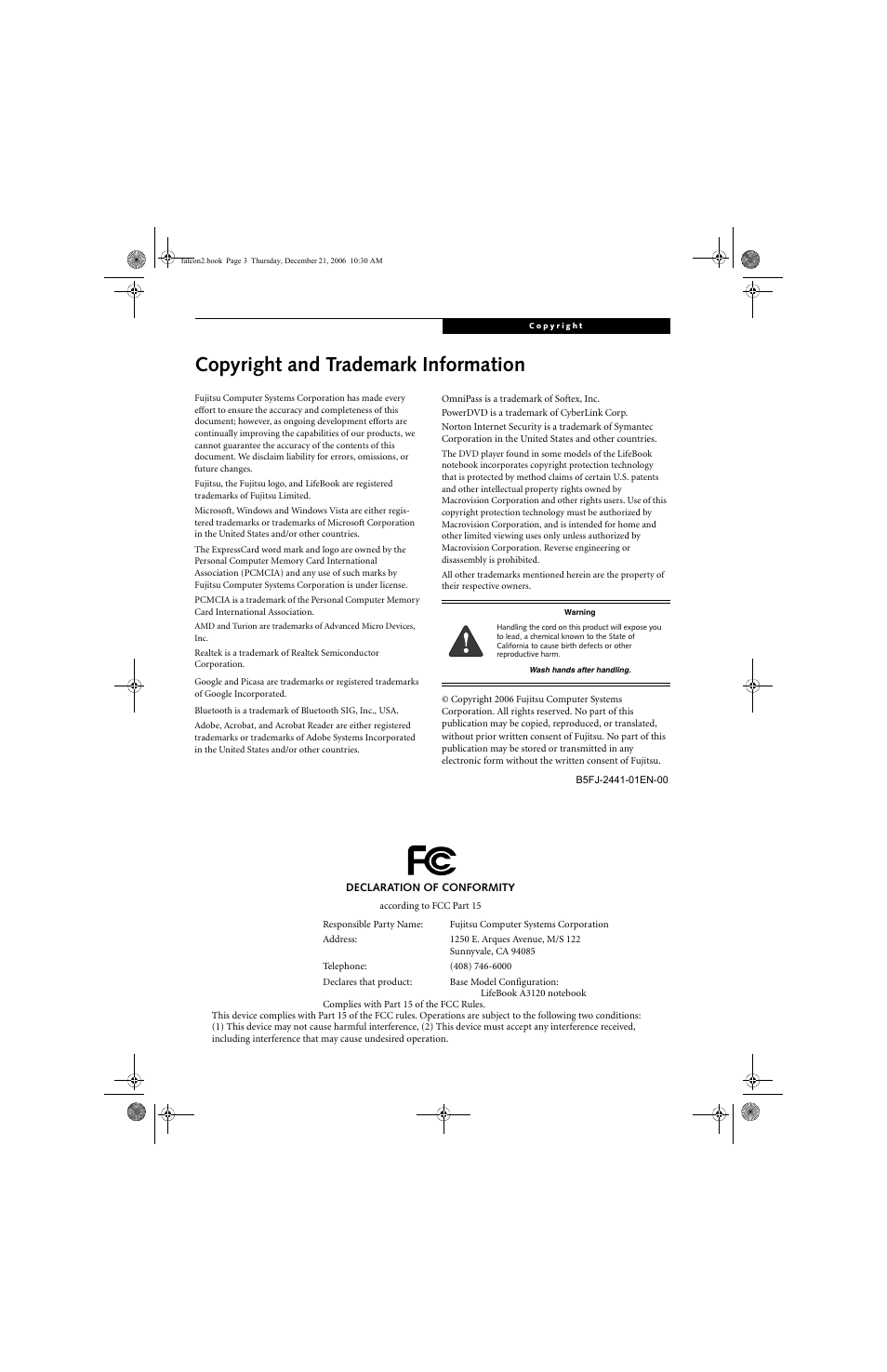 Copyright and trademark information | Fujitsu Siemens Computers LifeBook A3120 User Manual | Page 3 / 120