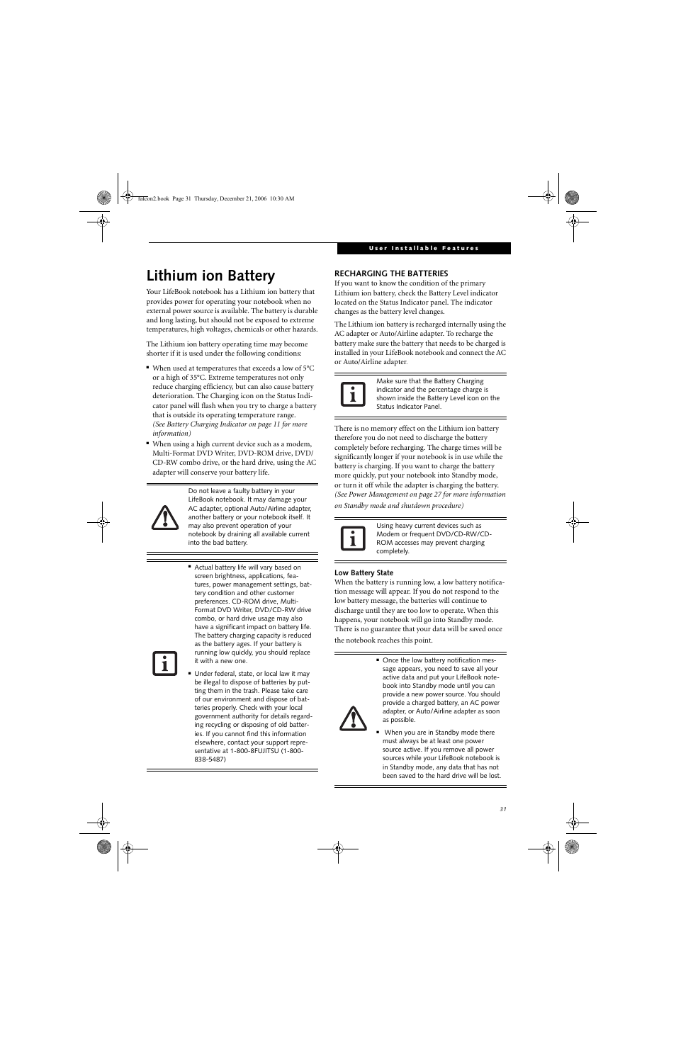 Lithium ion battery | Fujitsu Siemens Computers LifeBook A3120 User Manual | Page 41 / 120