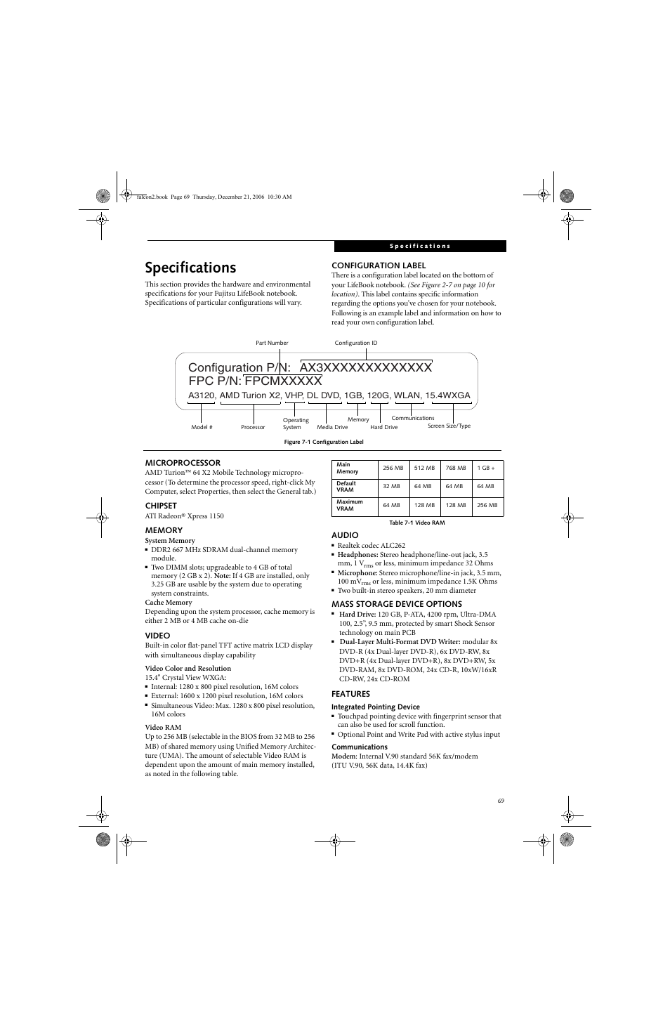 Specifications | Fujitsu Siemens Computers LifeBook A3120 User Manual | Page 79 / 120