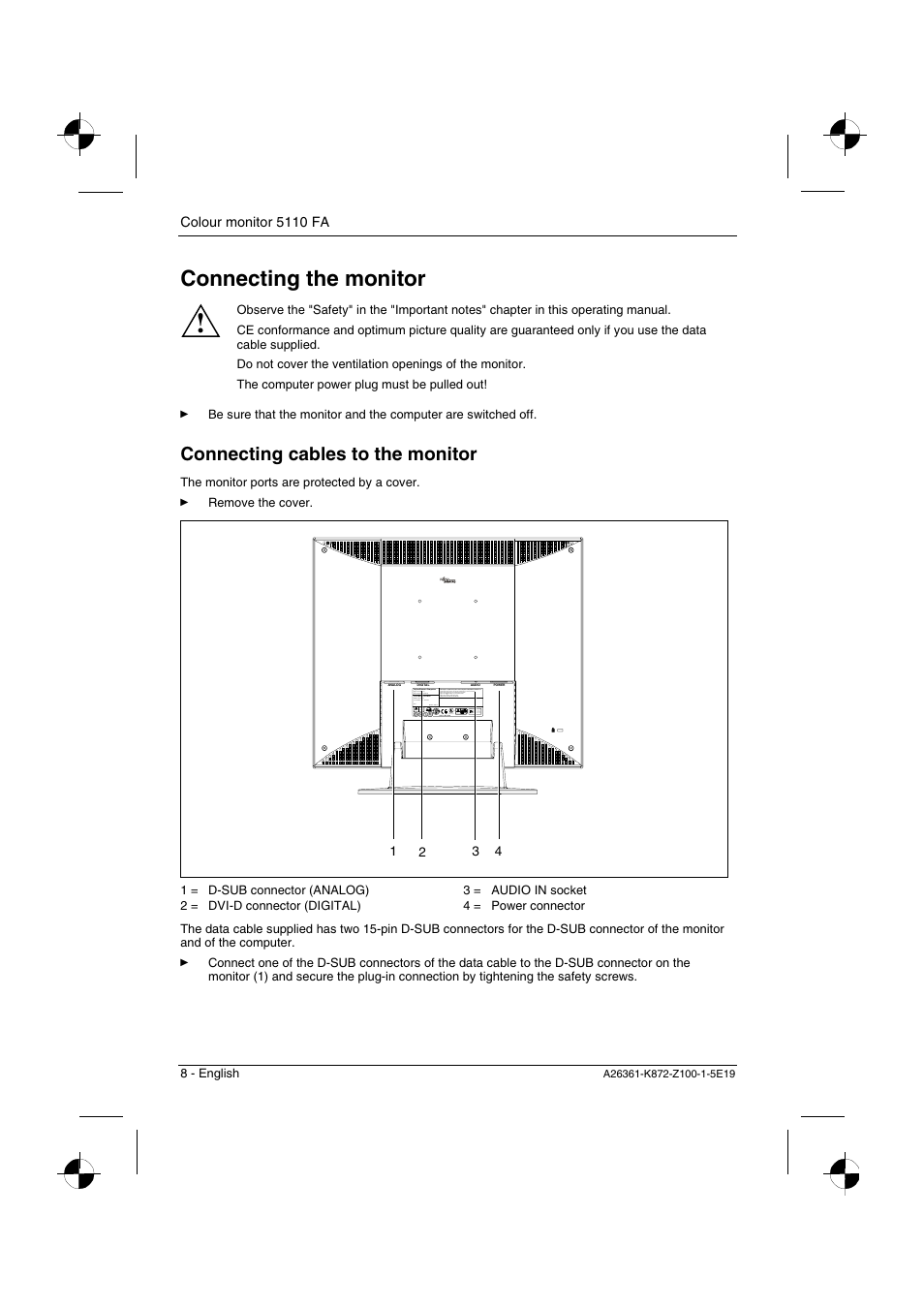 Connecting the monitor, Connecting cables to the monitor | Fujitsu Siemens Computers 5110 FA User Manual | Page 10 / 25
