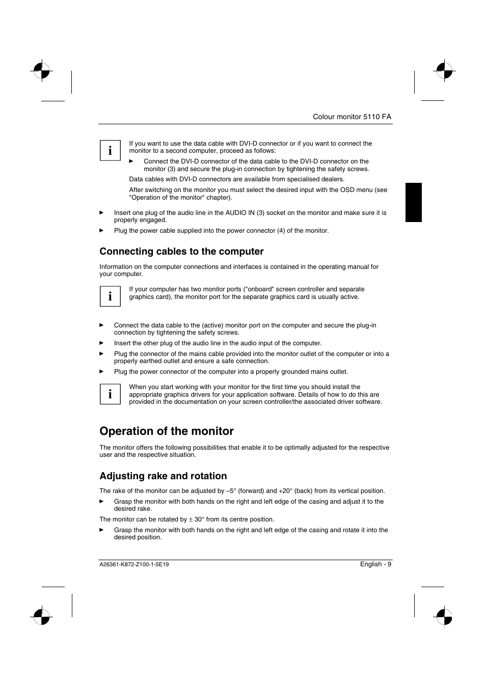 Operation of the monitor, Connecting cables to the computer, Adjusting rake and rotation | Fujitsu Siemens Computers 5110 FA User Manual | Page 11 / 25