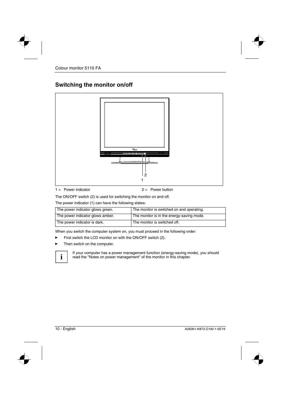 Switching the monitor on/off | Fujitsu Siemens Computers 5110 FA User Manual | Page 12 / 25