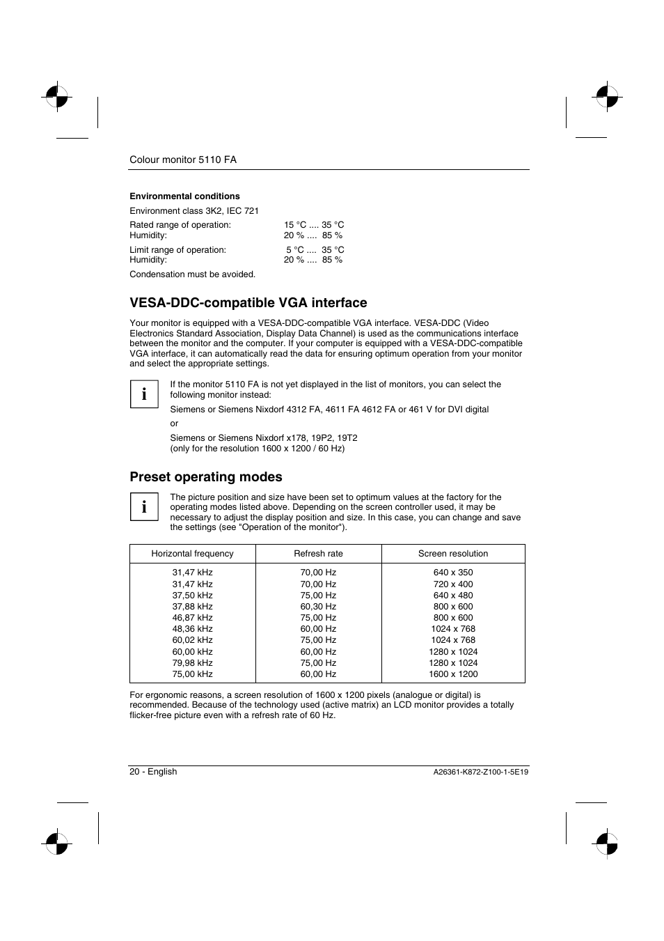 Vesa-ddc-compatible vga interface, Preset operating modes | Fujitsu Siemens Computers 5110 FA User Manual | Page 22 / 25
