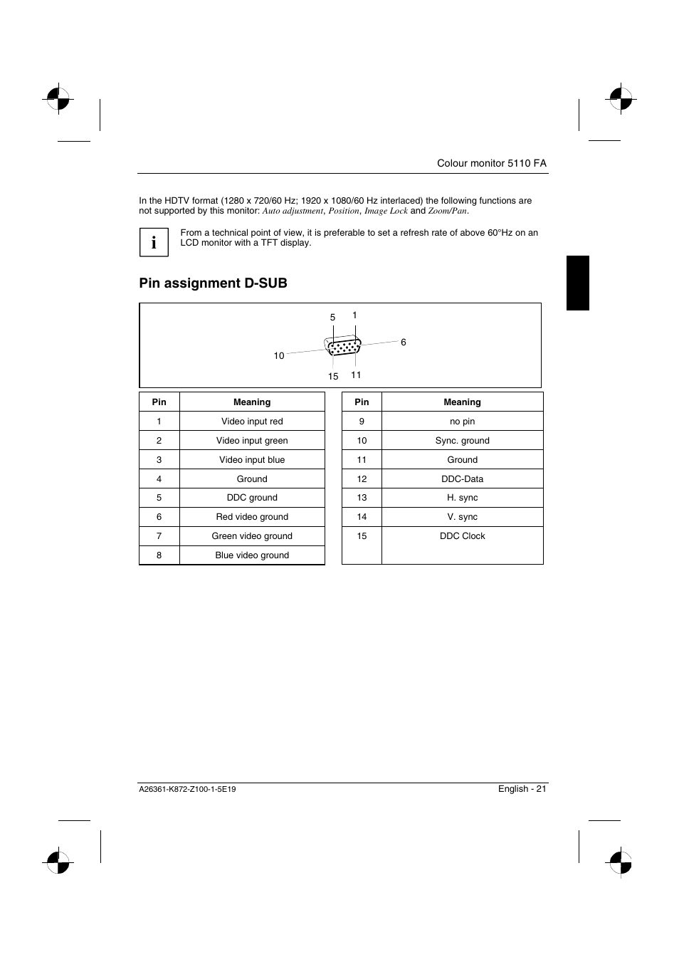 Pin assignment d-sub | Fujitsu Siemens Computers 5110 FA User Manual | Page 23 / 25