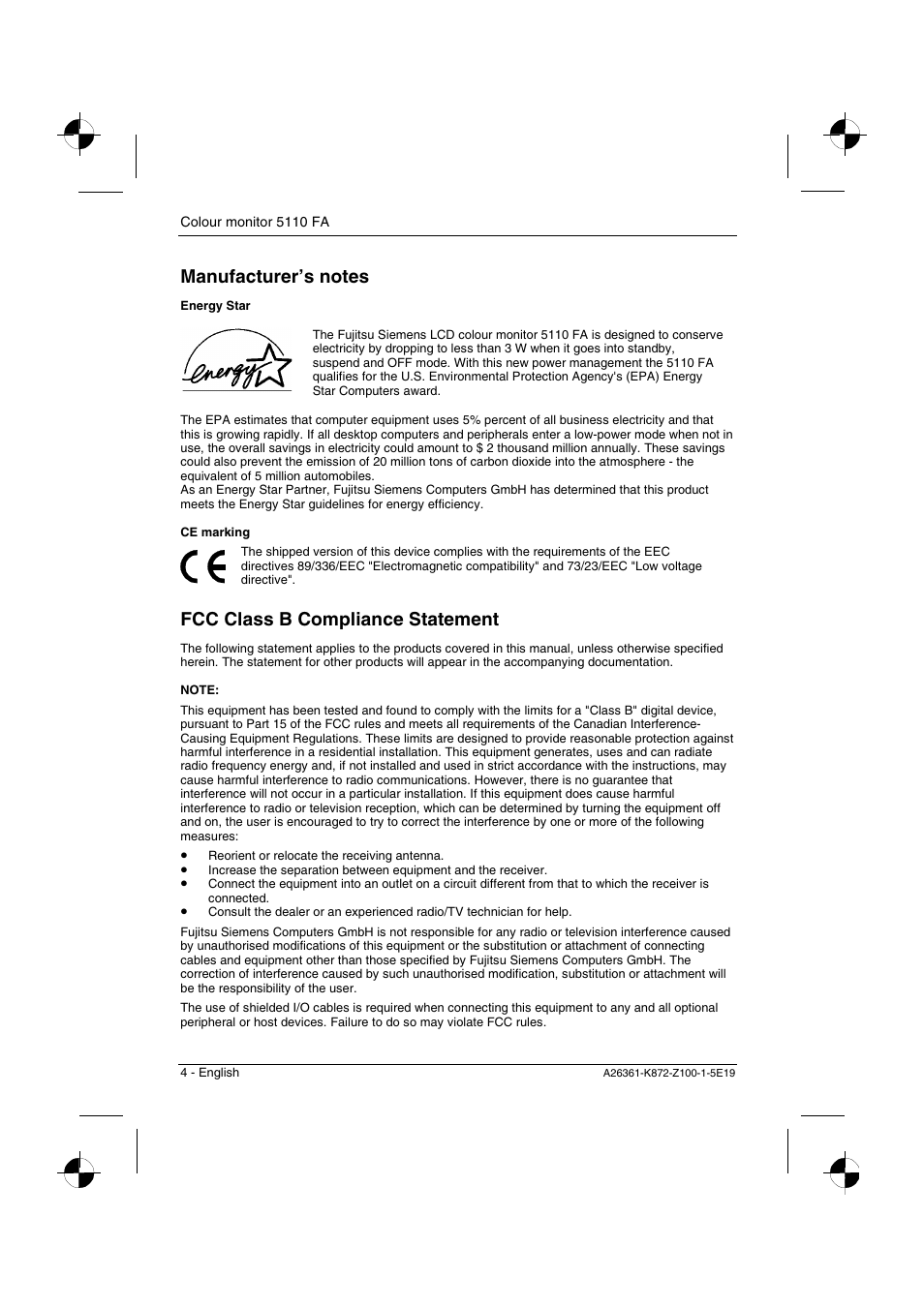 Fcc class b compliance statement | Fujitsu Siemens Computers 5110 FA User Manual | Page 6 / 25