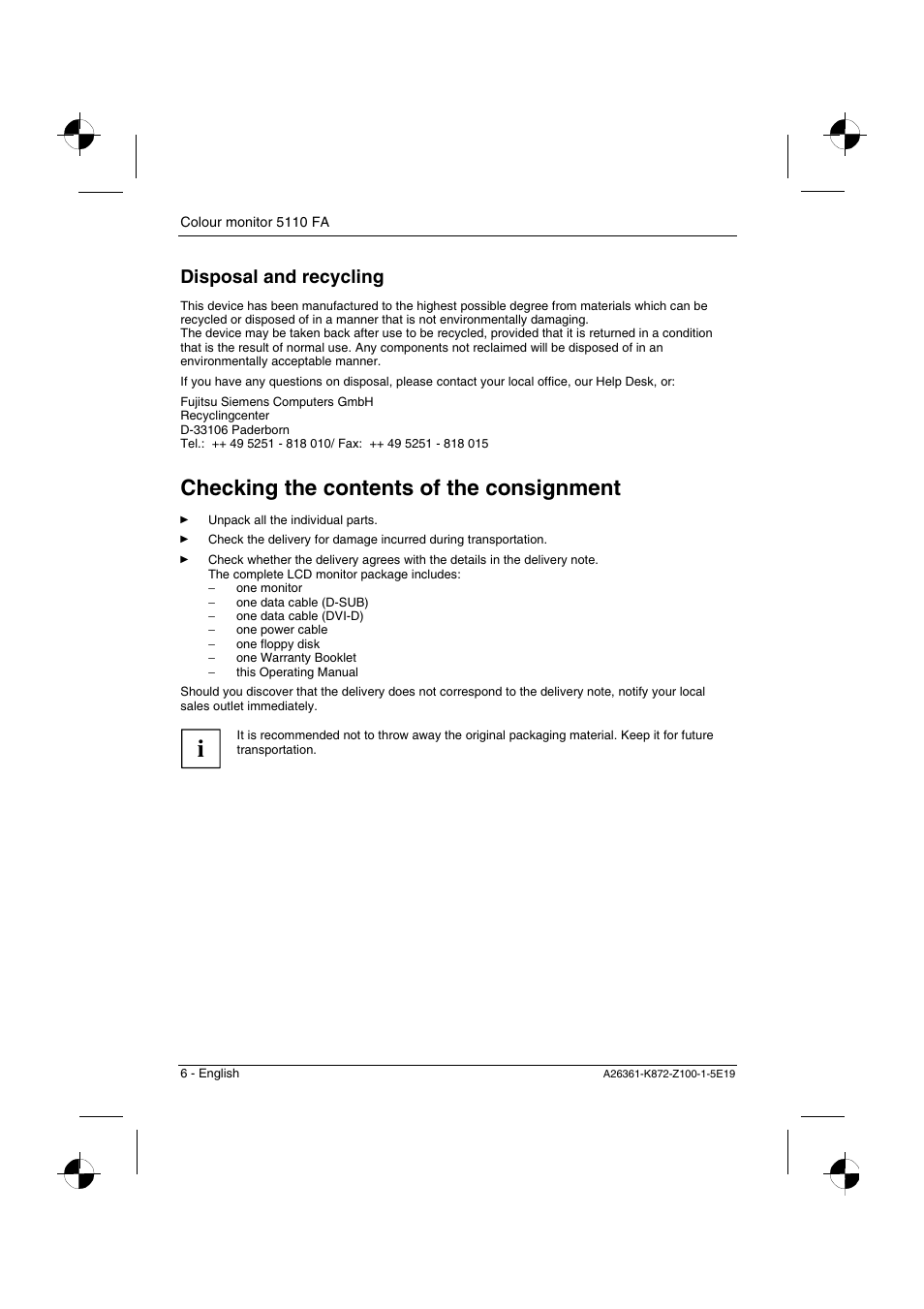 Checking the contents of the consignment, Disposal and recycling | Fujitsu Siemens Computers 5110 FA User Manual | Page 8 / 25