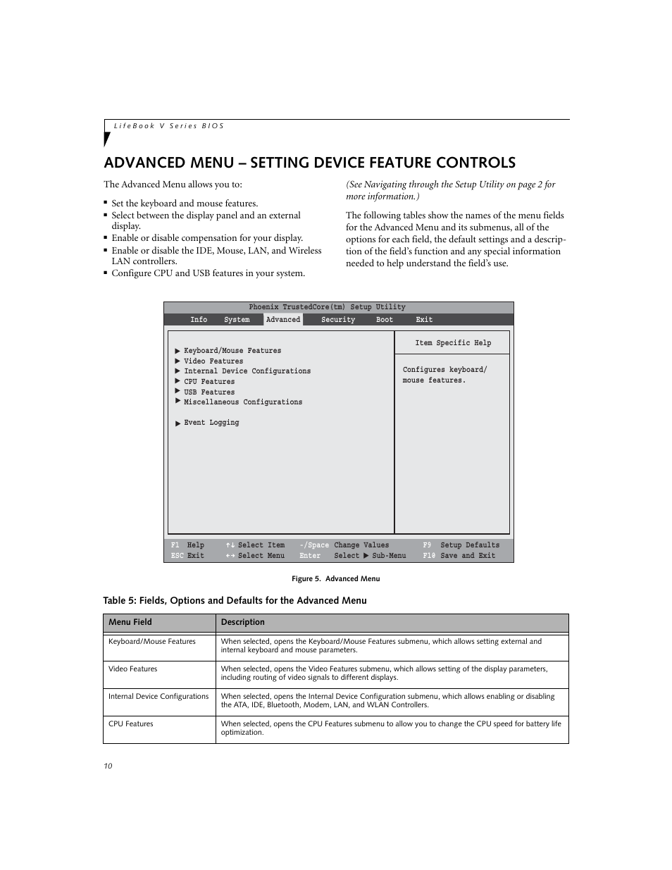 Advanced menu - setting device feature controls, Advanced menu – setting device feature controls | Fujitsu Siemens Computers V1020 User Manual | Page 10 / 27