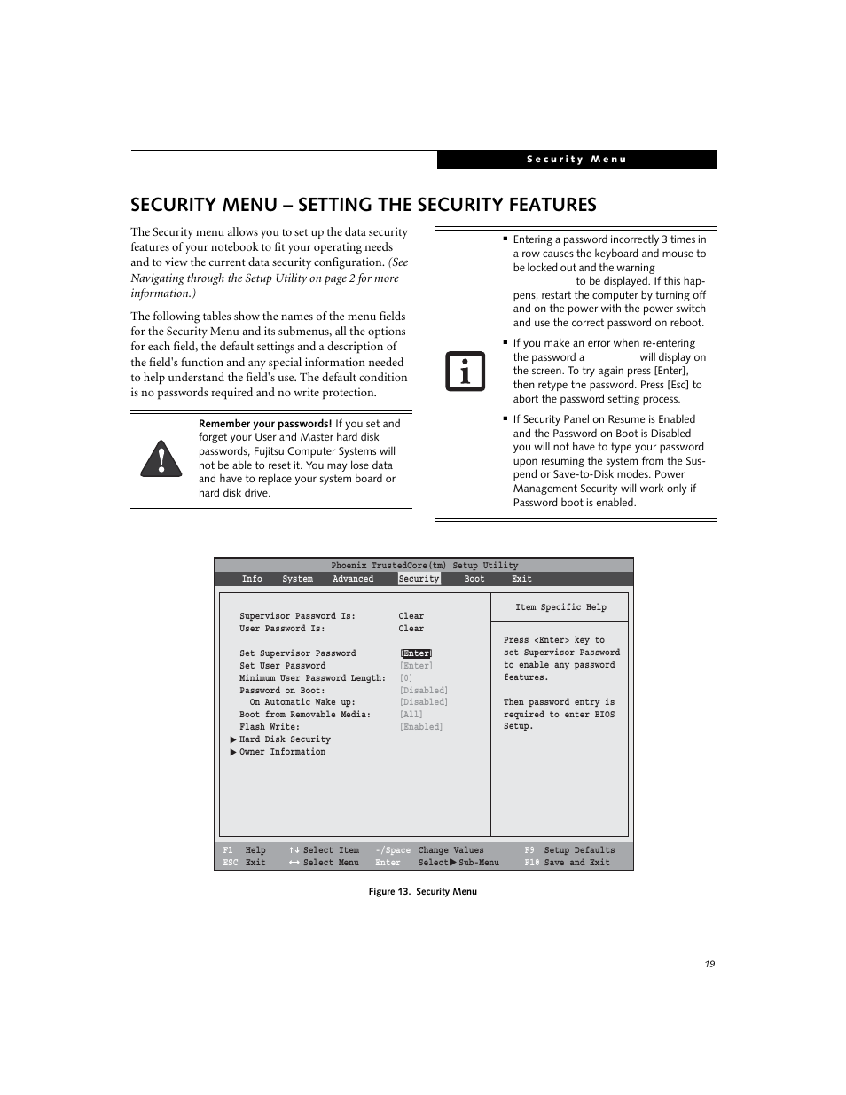 Security menu - setting the security features, Security menu – setting the security features | Fujitsu Siemens Computers V1020 User Manual | Page 19 / 27