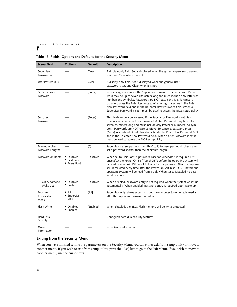 Exiting from the security menu | Fujitsu Siemens Computers V1020 User Manual | Page 20 / 27