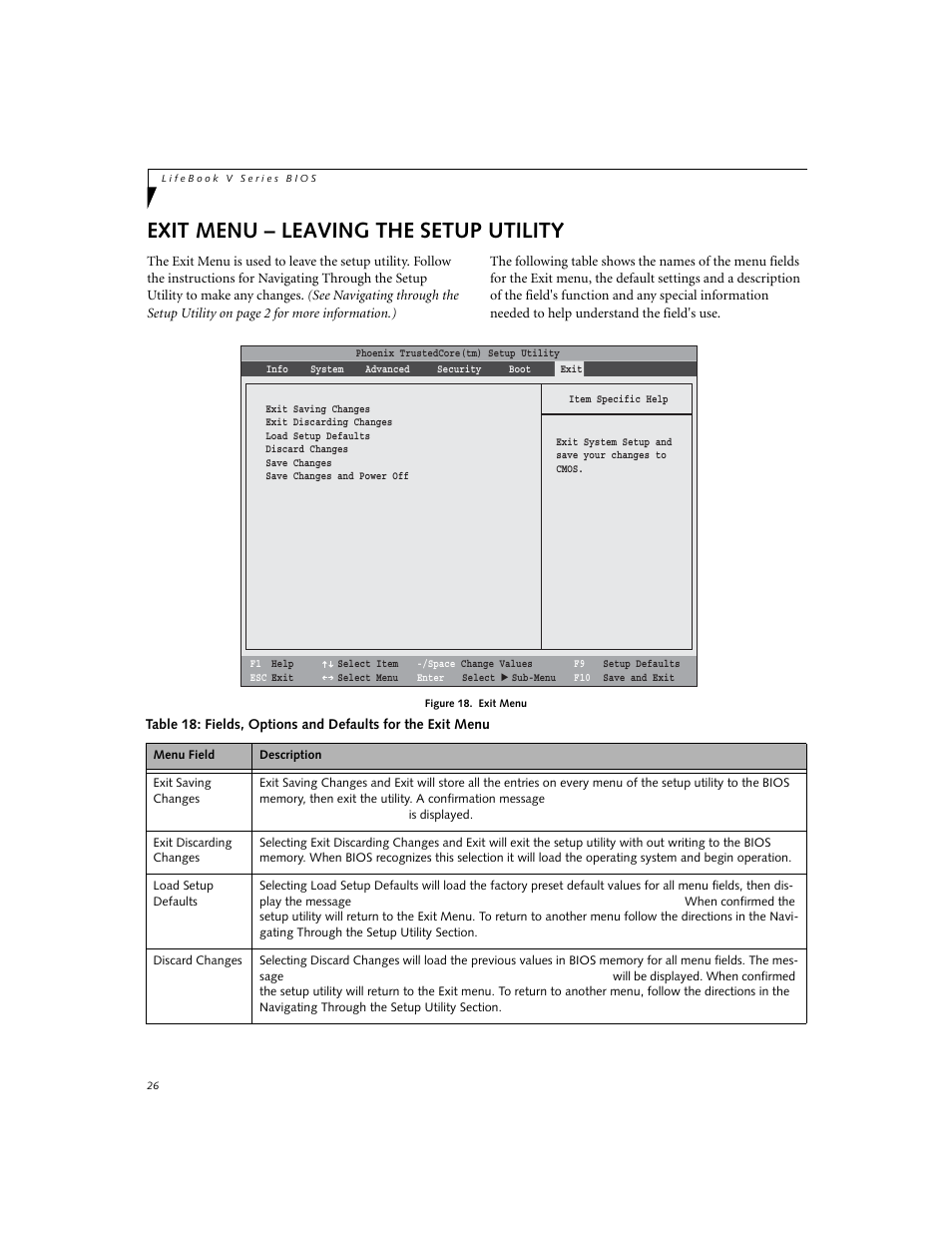 Exit menu - leaving the setup utility, Exit menu – leaving the setup utility | Fujitsu Siemens Computers V1020 User Manual | Page 26 / 27