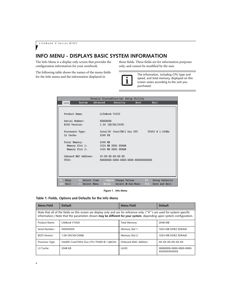 Info menu - displays basic system information | Fujitsu Siemens Computers V1020 User Manual | Page 4 / 27