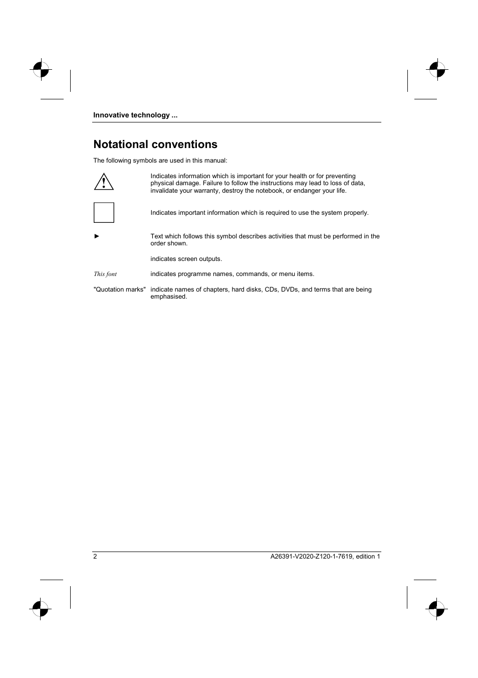 Notational conventions | Fujitsu Siemens Computers V2020 User Manual | Page 10 / 60