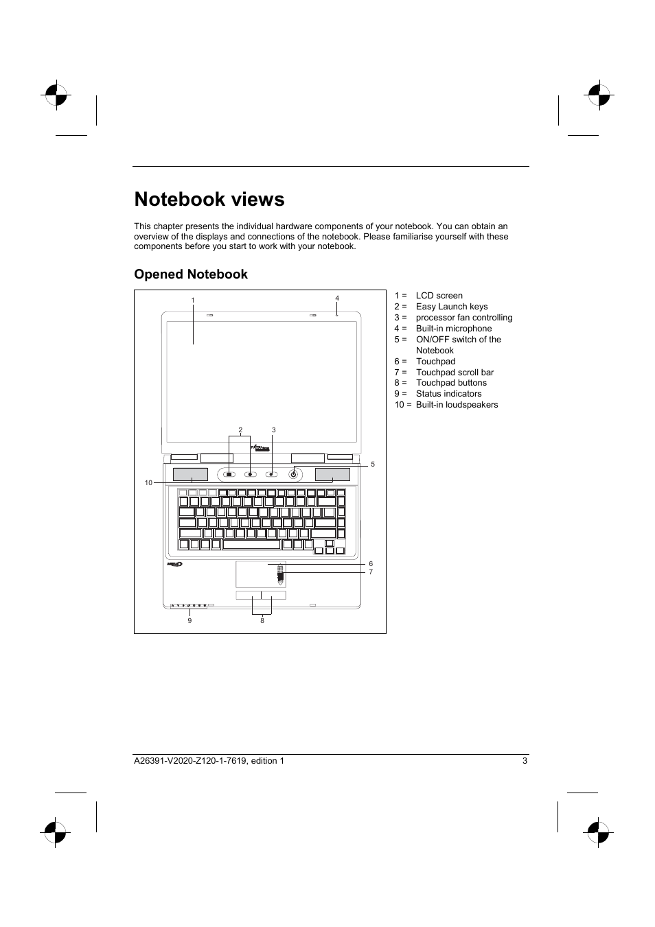 Notebook views, Opened notebook | Fujitsu Siemens Computers V2020 User Manual | Page 11 / 60
