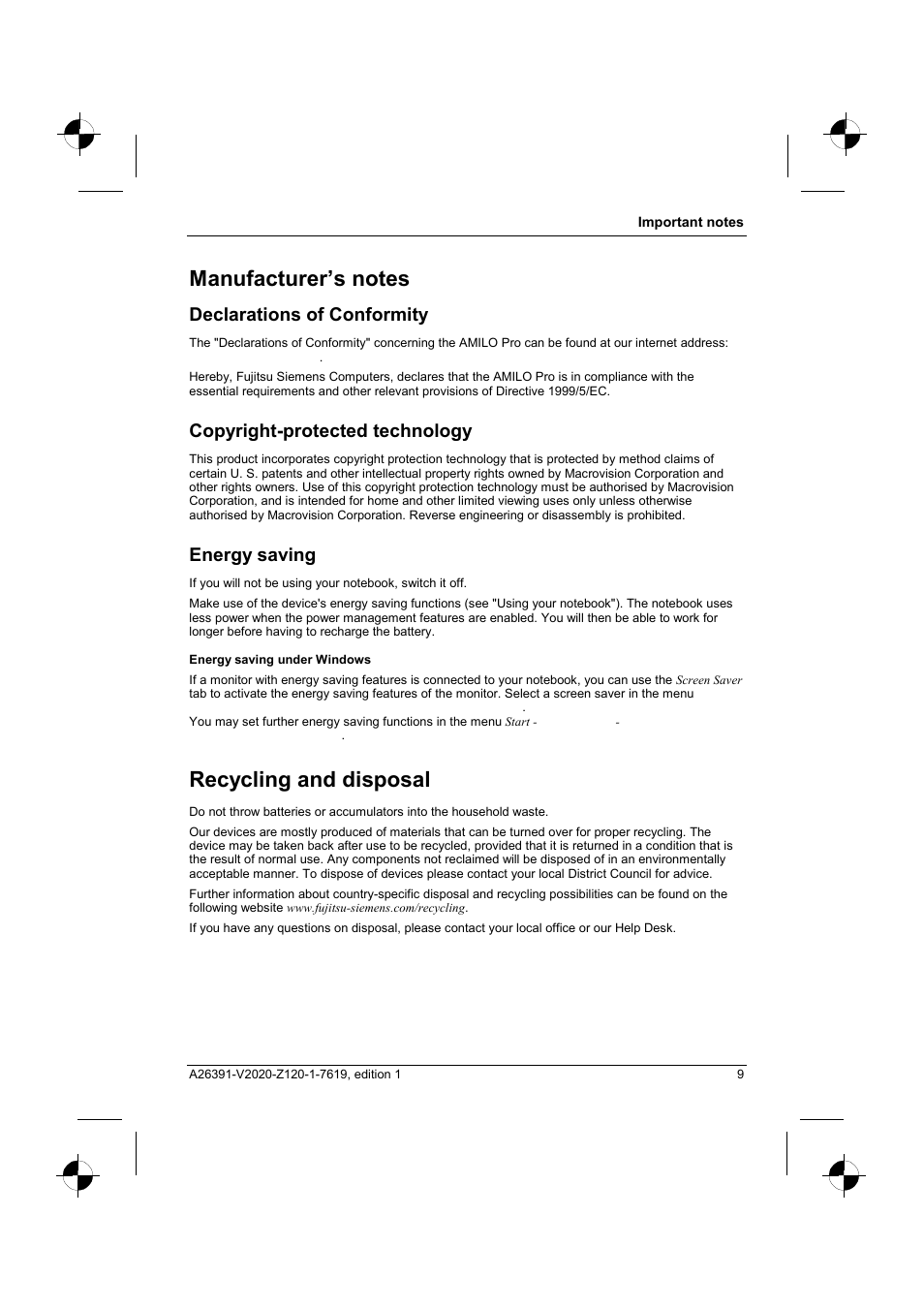Manufacturer’s notes, Declarations of conformity, Copyright-protected technology | Energy saving, Recycling and disposal | Fujitsu Siemens Computers V2020 User Manual | Page 17 / 60