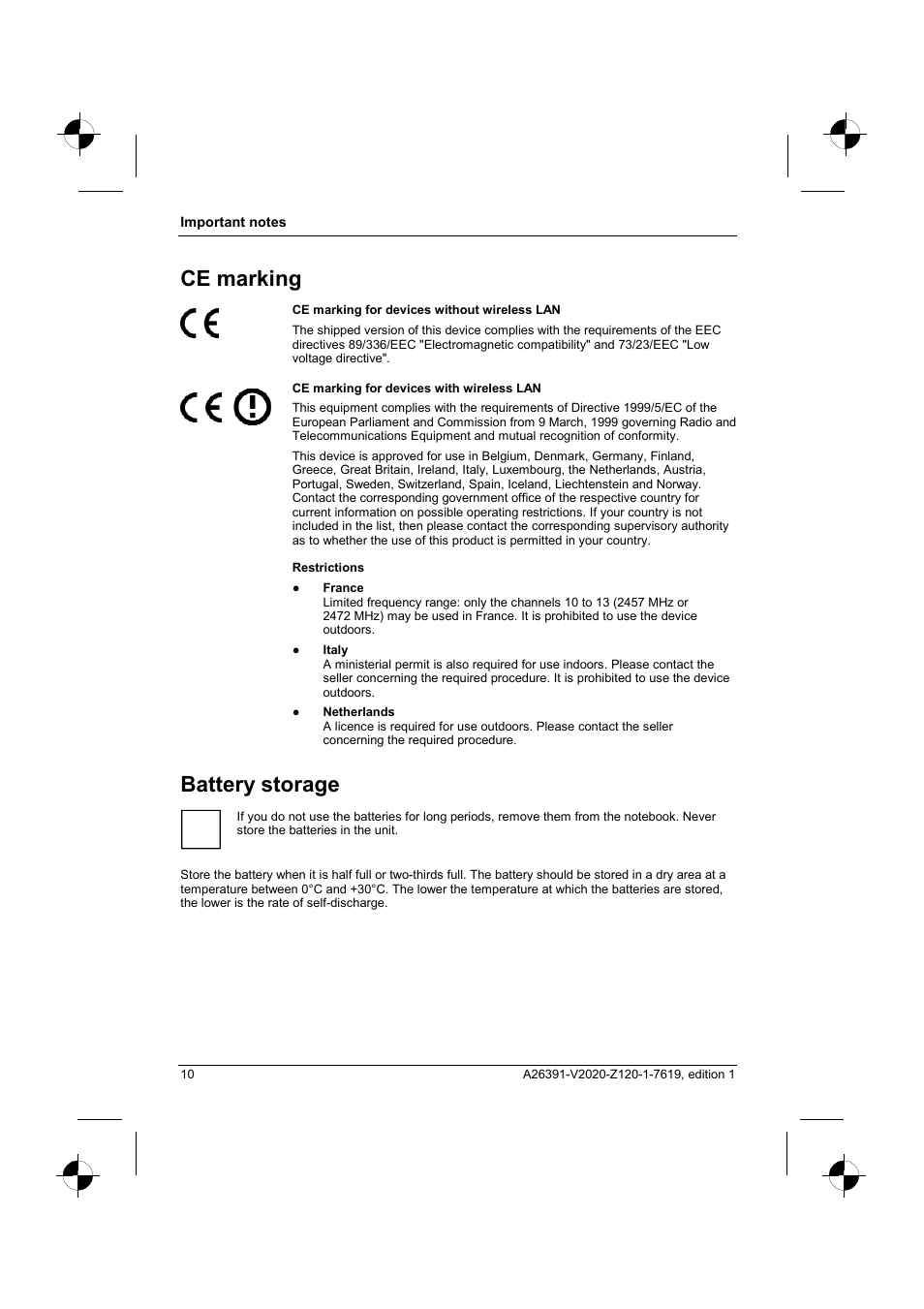 Ce marking, Battery storage | Fujitsu Siemens Computers V2020 User Manual | Page 18 / 60