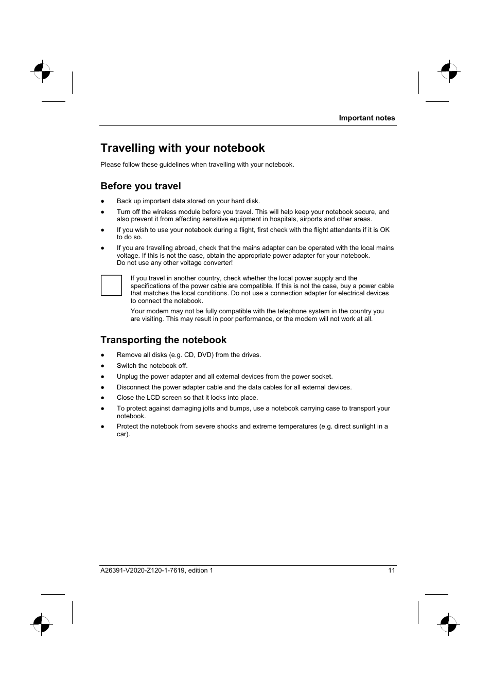 Travelling with your notebook, Before you travel, Transporting the notebook | Fujitsu Siemens Computers V2020 User Manual | Page 19 / 60