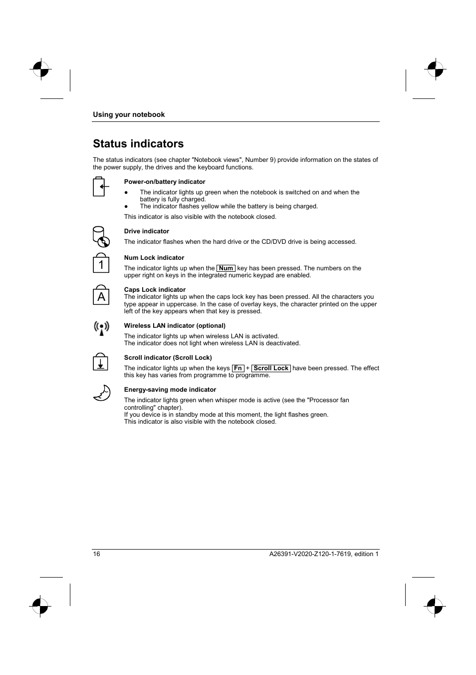 Status indicators | Fujitsu Siemens Computers V2020 User Manual | Page 24 / 60