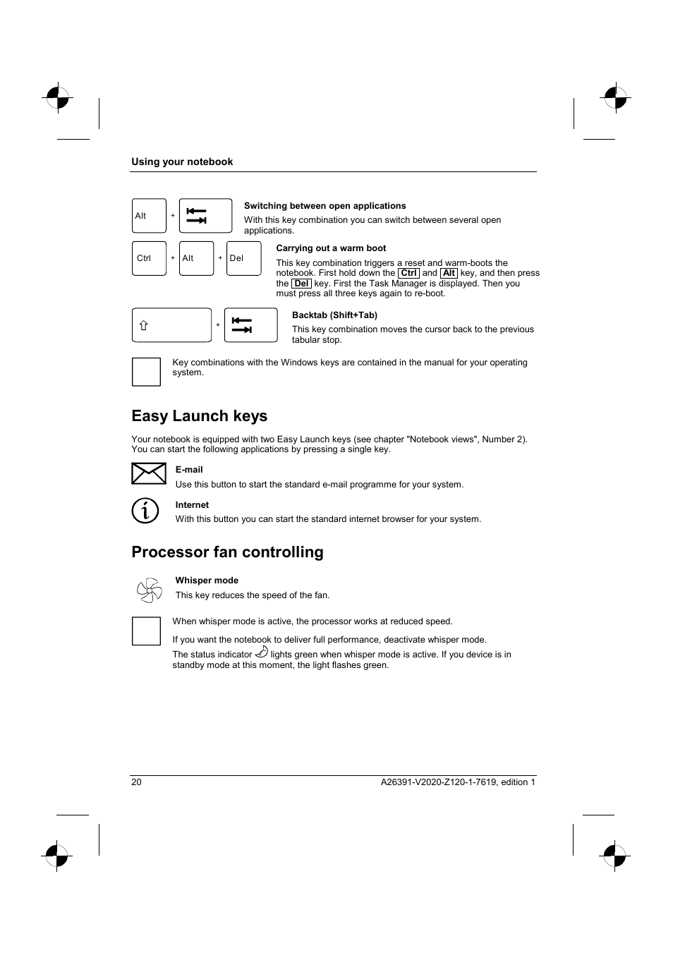 Easy launch keys, Processor fan controlling | Fujitsu Siemens Computers V2020 User Manual | Page 28 / 60