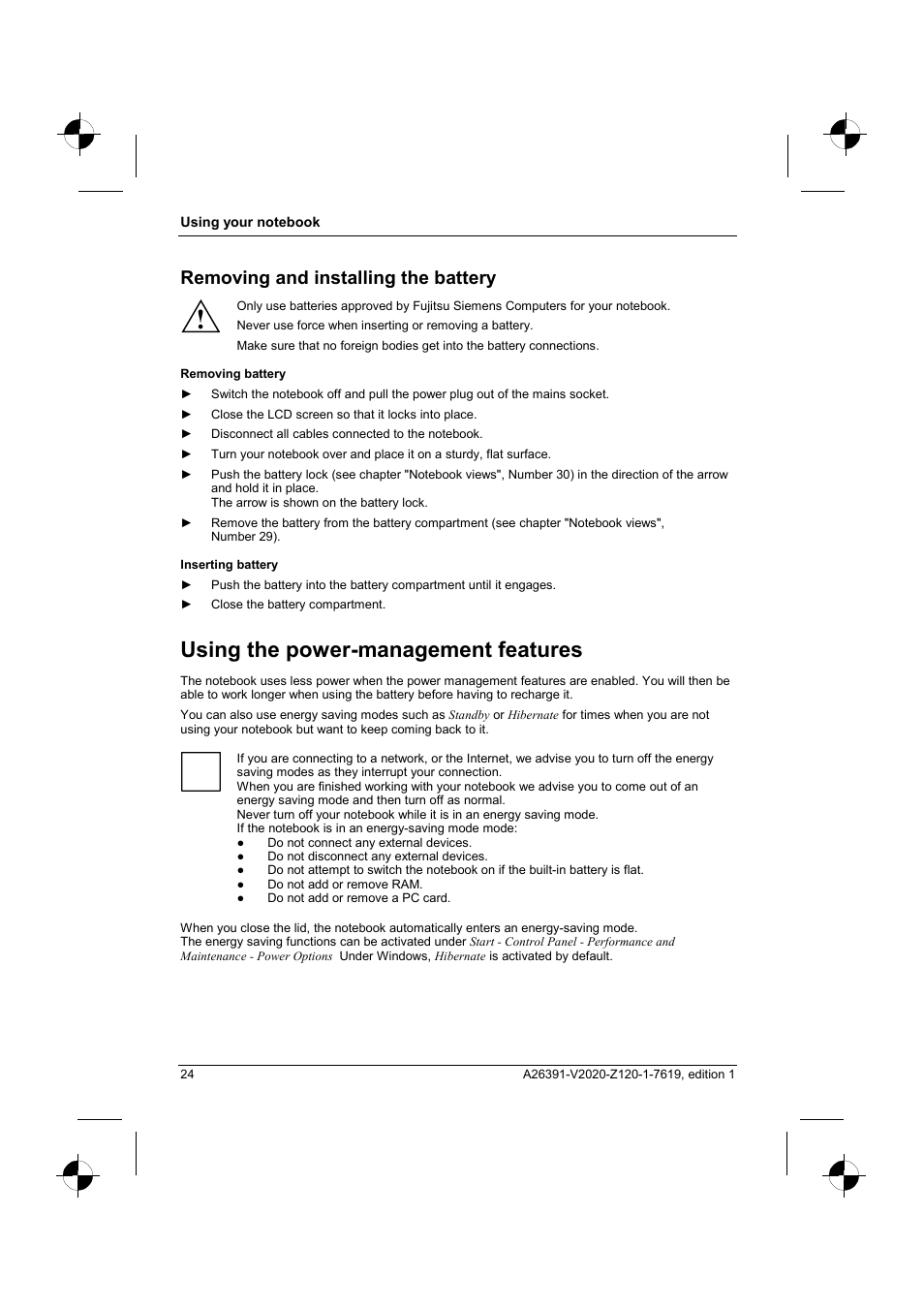 Removing and installing the battery, Using the power-management features | Fujitsu Siemens Computers V2020 User Manual | Page 32 / 60