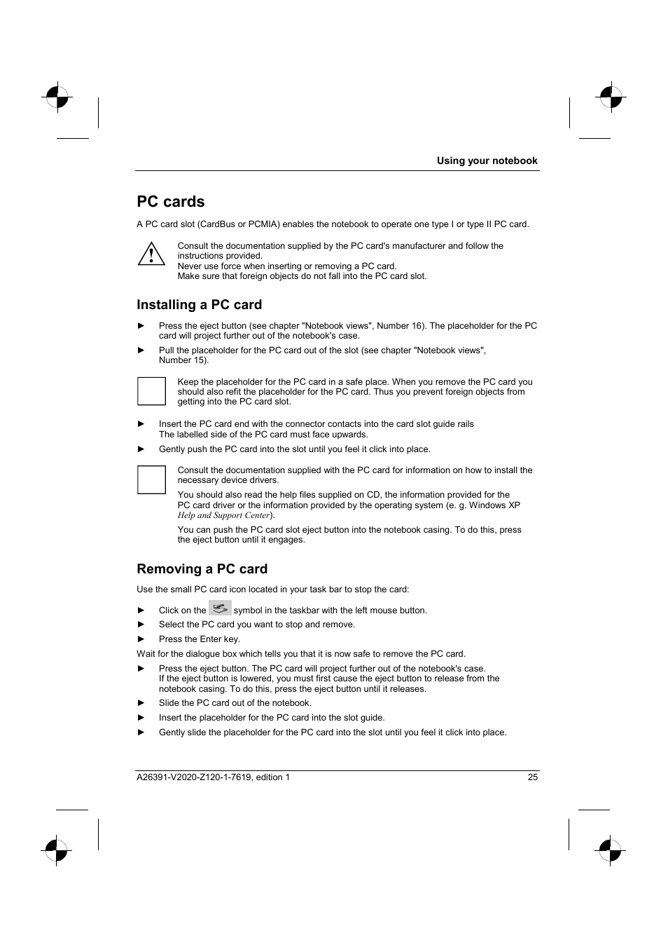 Pc cards, Installing a pc card, Removing a pc card | Fujitsu Siemens Computers V2020 User Manual | Page 33 / 60