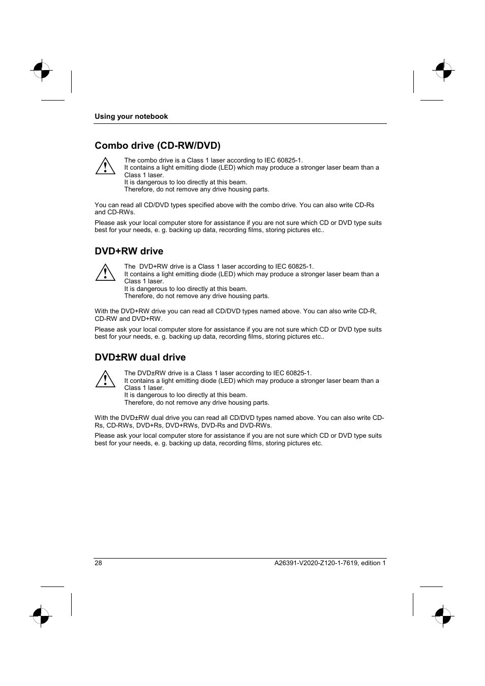 Combo drive (cd-rw/dvd), Dvd+rw drive, Dvd±rw dual drive | Fujitsu Siemens Computers V2020 User Manual | Page 36 / 60