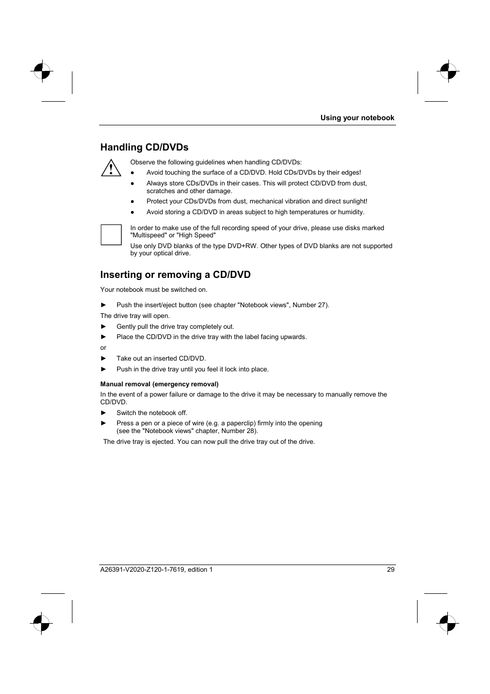 Handling cd/dvds, Inserting or removing a cd/dvd | Fujitsu Siemens Computers V2020 User Manual | Page 37 / 60