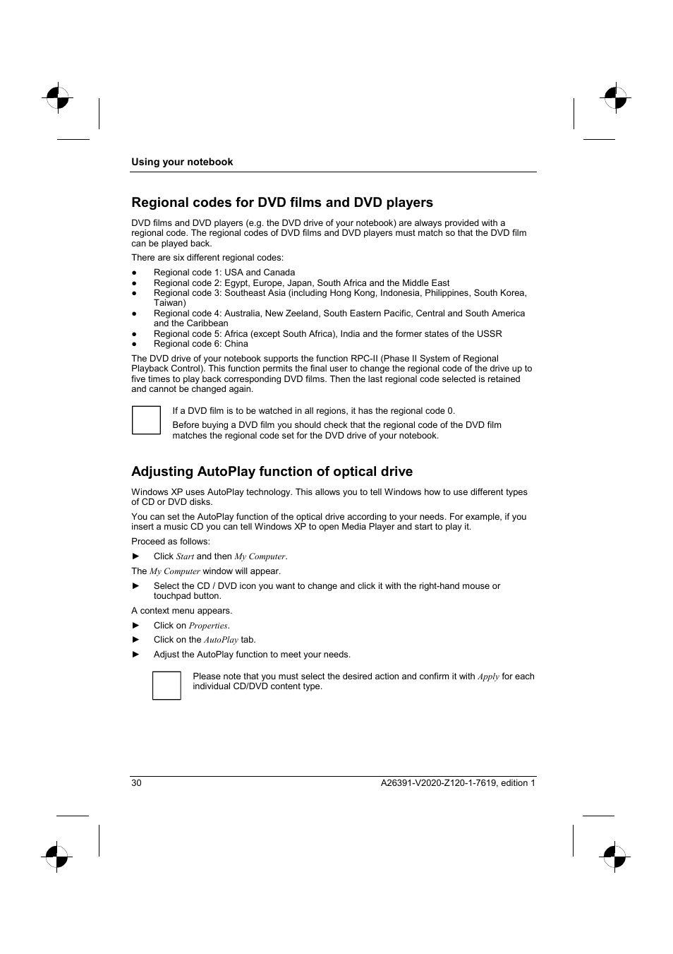 Regional codes for dvd films and dvd players, Adjusting autoplay function of optical drive | Fujitsu Siemens Computers V2020 User Manual | Page 38 / 60