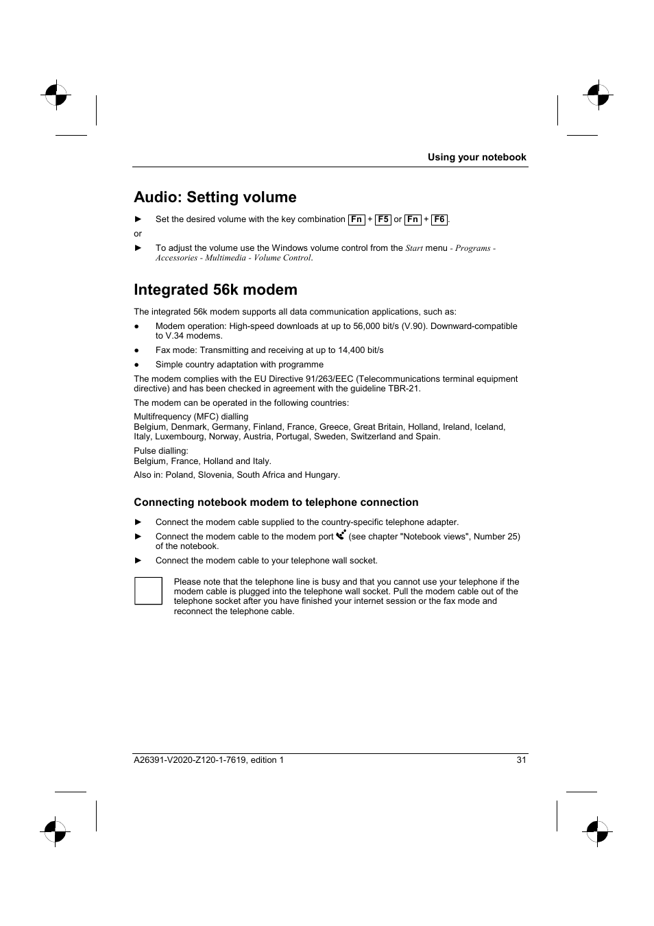 Audio: setting volume, Integrated 56k modem | Fujitsu Siemens Computers V2020 User Manual | Page 39 / 60