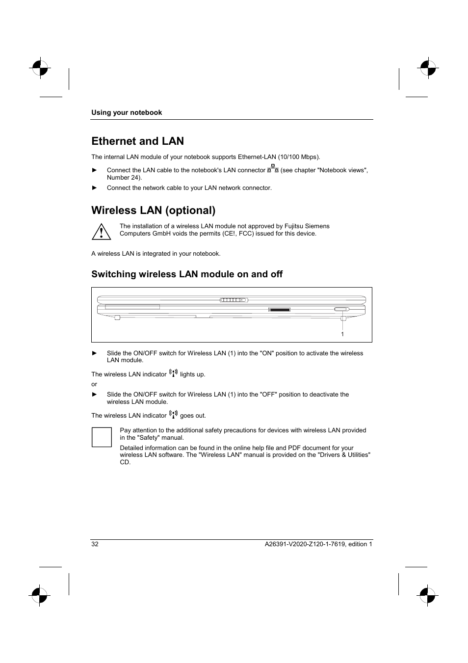 Ethernet and lan, Wireless lan (optional), Switching wireless lan module on and off | Fujitsu Siemens Computers V2020 User Manual | Page 40 / 60