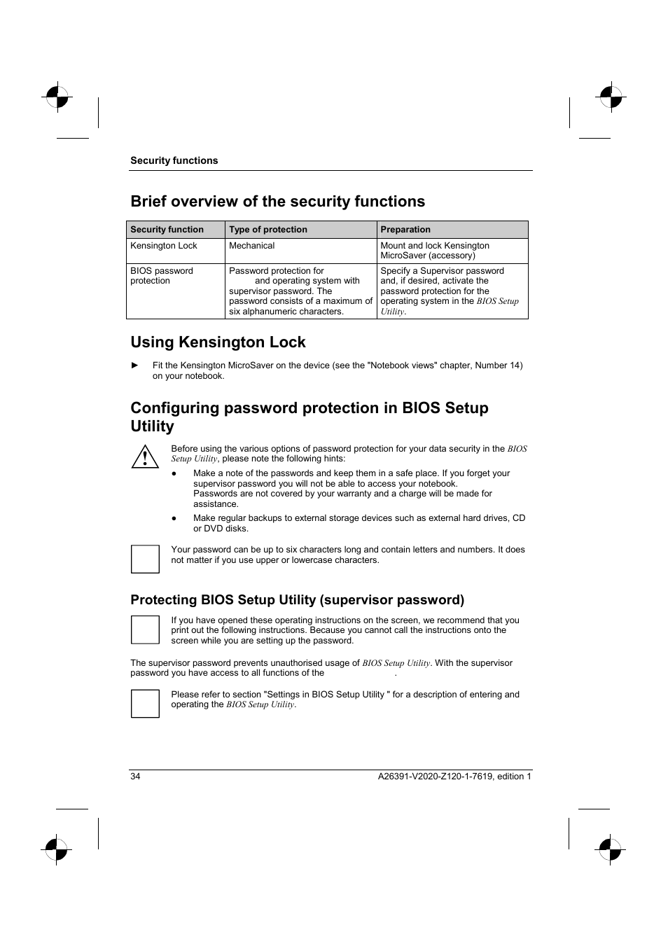 Brief overview of the security functions, Using kensington lock | Fujitsu Siemens Computers V2020 User Manual | Page 42 / 60
