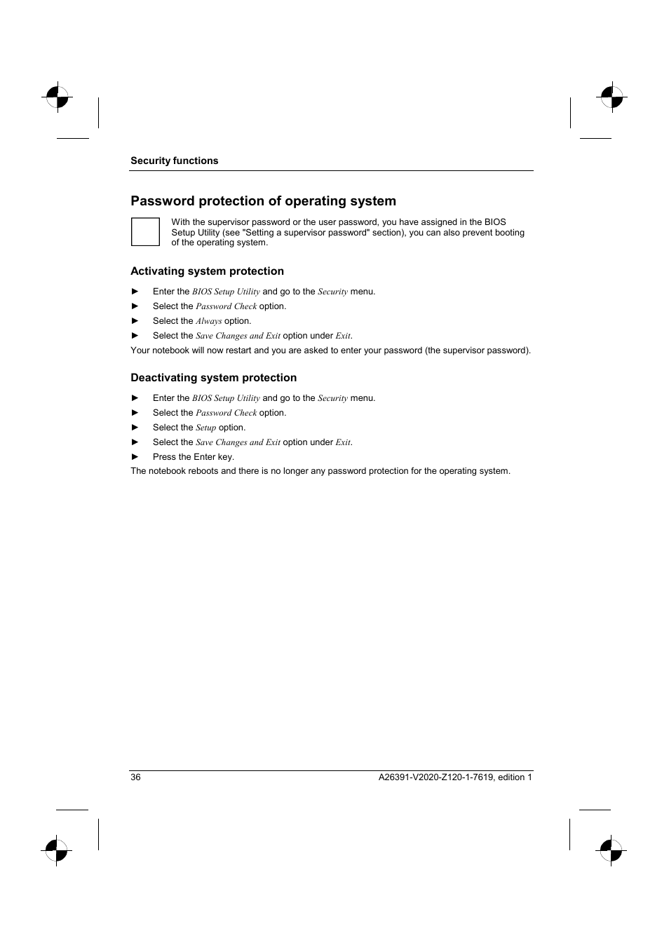 Password protection of operating system | Fujitsu Siemens Computers V2020 User Manual | Page 44 / 60