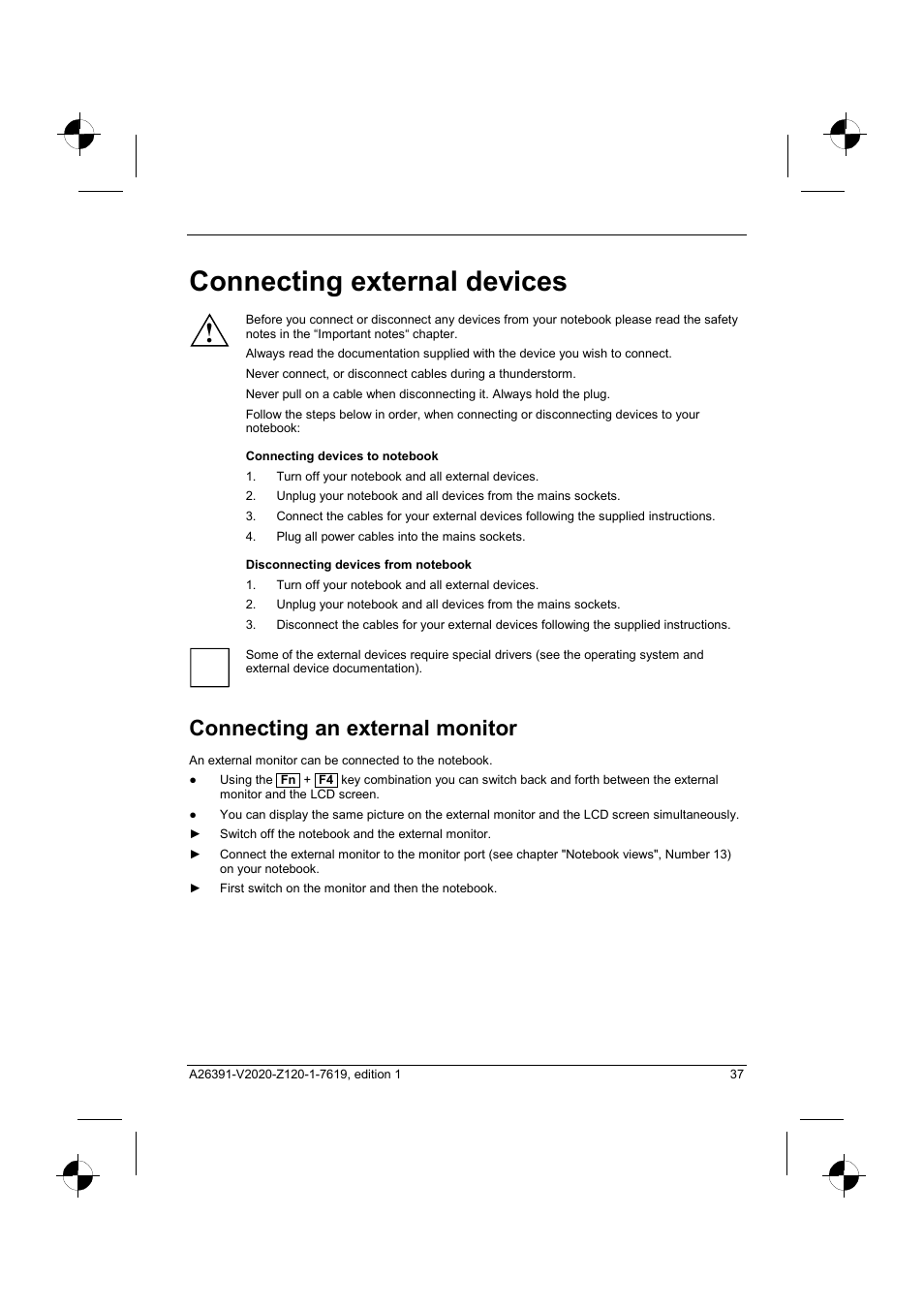 Connecting external devices, Connecting an external monitor | Fujitsu Siemens Computers V2020 User Manual | Page 45 / 60