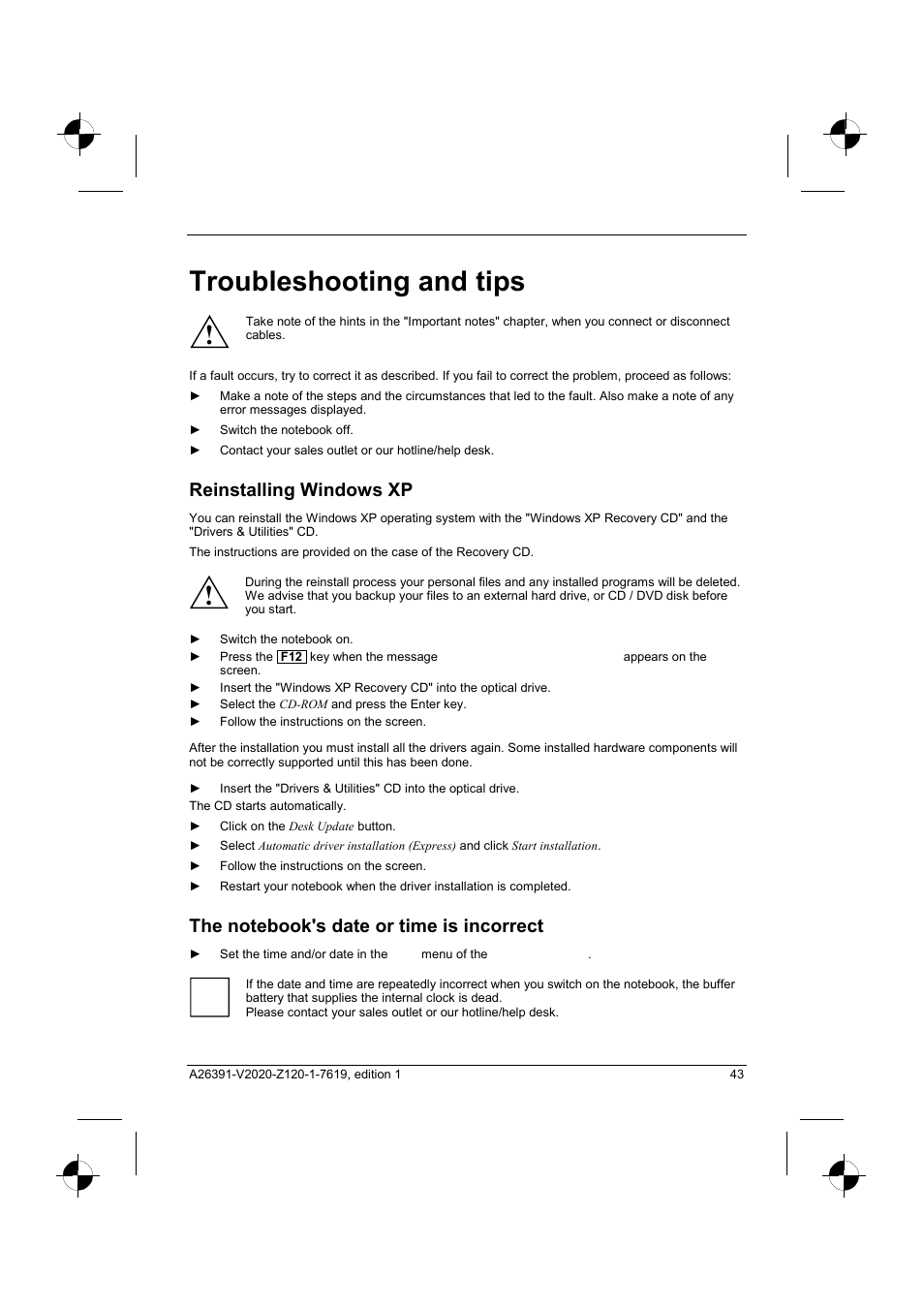 Troubleshooting and tips, Reinstalling windows xp, The notebook's date or time is incorrect | Fujitsu Siemens Computers V2020 User Manual | Page 51 / 60