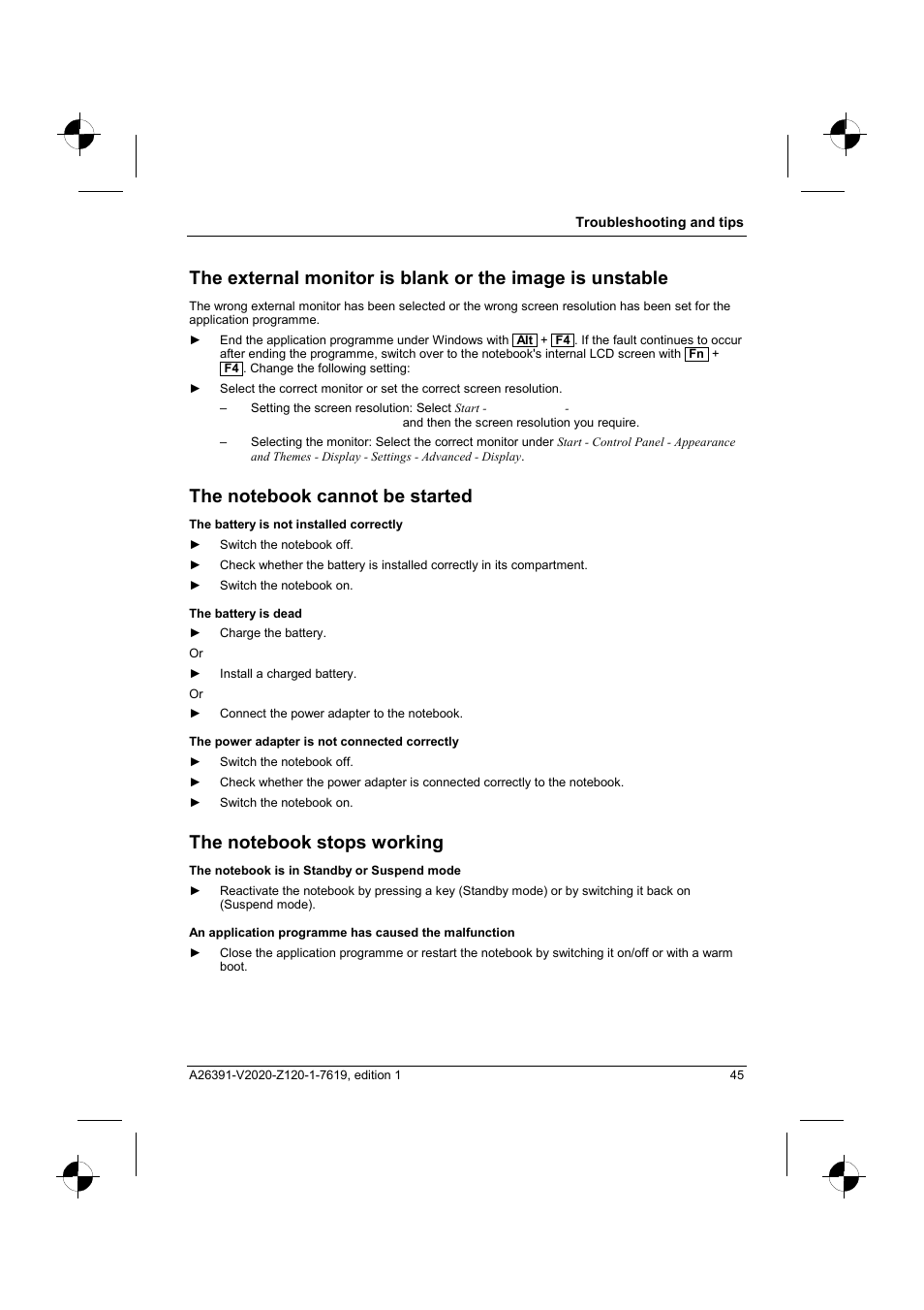 The notebook cannot be started, The notebook stops working | Fujitsu Siemens Computers V2020 User Manual | Page 53 / 60