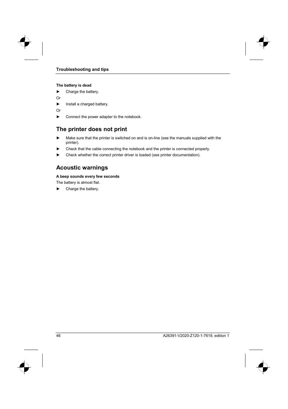 The printer does not print, Acoustic warnings | Fujitsu Siemens Computers V2020 User Manual | Page 54 / 60