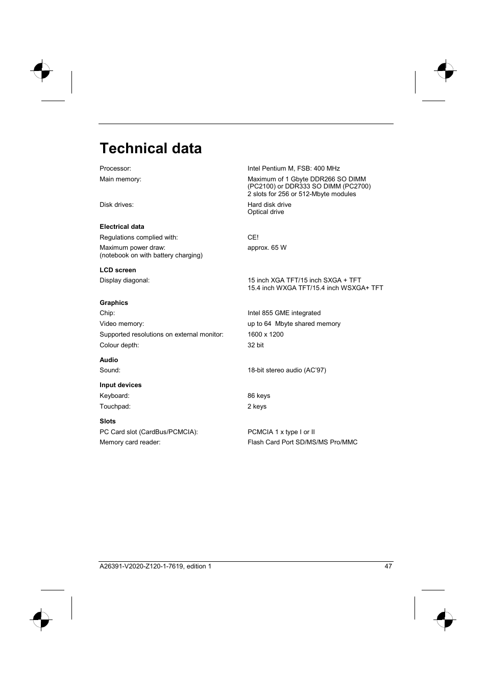 Technical data | Fujitsu Siemens Computers V2020 User Manual | Page 55 / 60