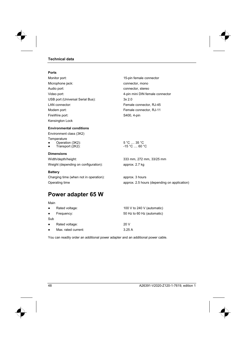 Power adapter 65 w | Fujitsu Siemens Computers V2020 User Manual | Page 56 / 60
