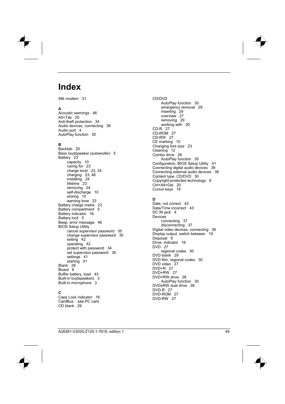 Index | Fujitsu Siemens Computers V2020 User Manual | Page 57 / 60