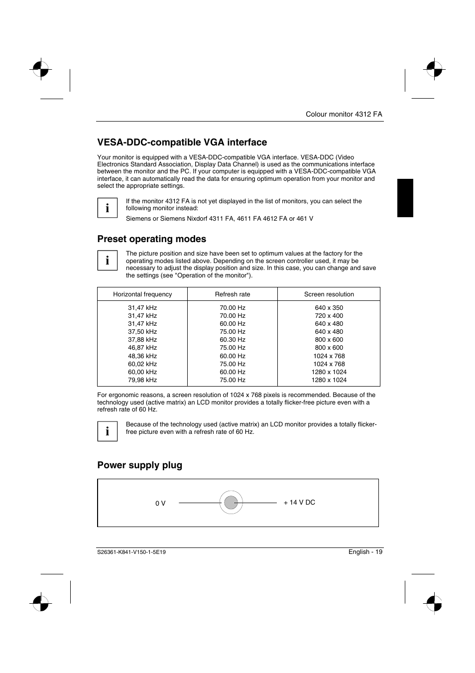 Vesa-ddc-compatible vga interface, Preset operating modes, Power supply plug | Fujitsu Siemens Computers 4312 FA User Manual | Page 22 / 26