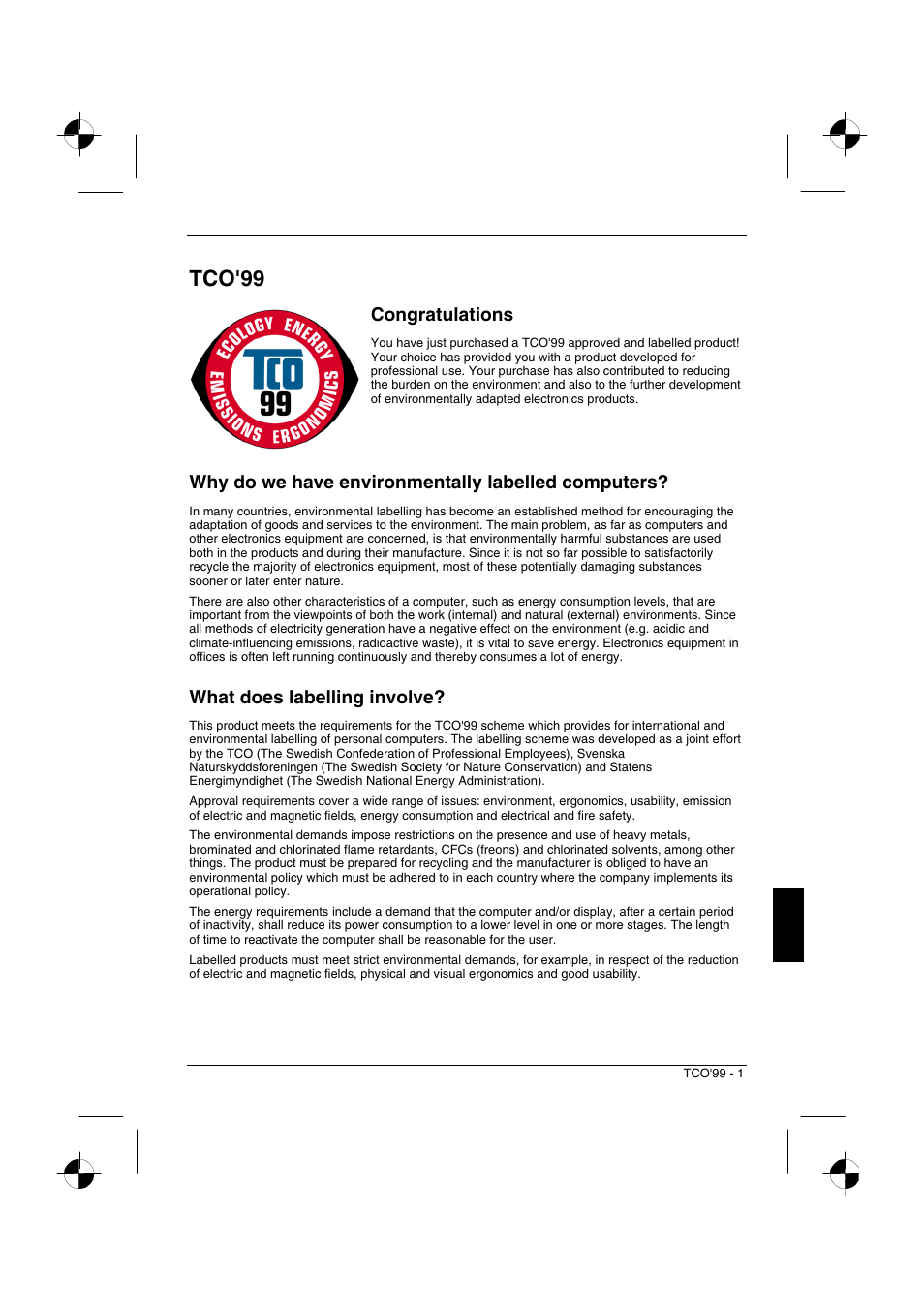 Tco'99, Why do we have environmentally labelled computers, What does labelling involve | Fujitsu Siemens Computers 4312 FA User Manual | Page 25 / 26