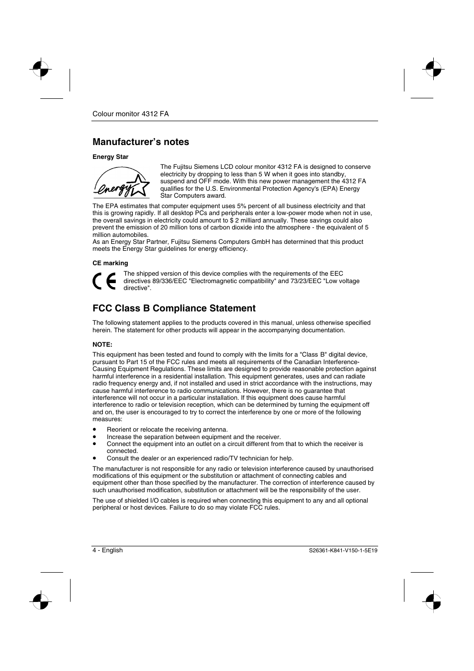 Fcc class b compliance statement | Fujitsu Siemens Computers 4312 FA User Manual | Page 7 / 26