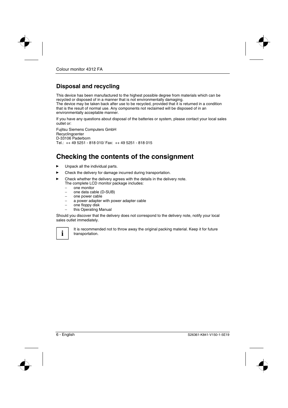Checking the contents of the consignment, Disposal and recycling | Fujitsu Siemens Computers 4312 FA User Manual | Page 9 / 26